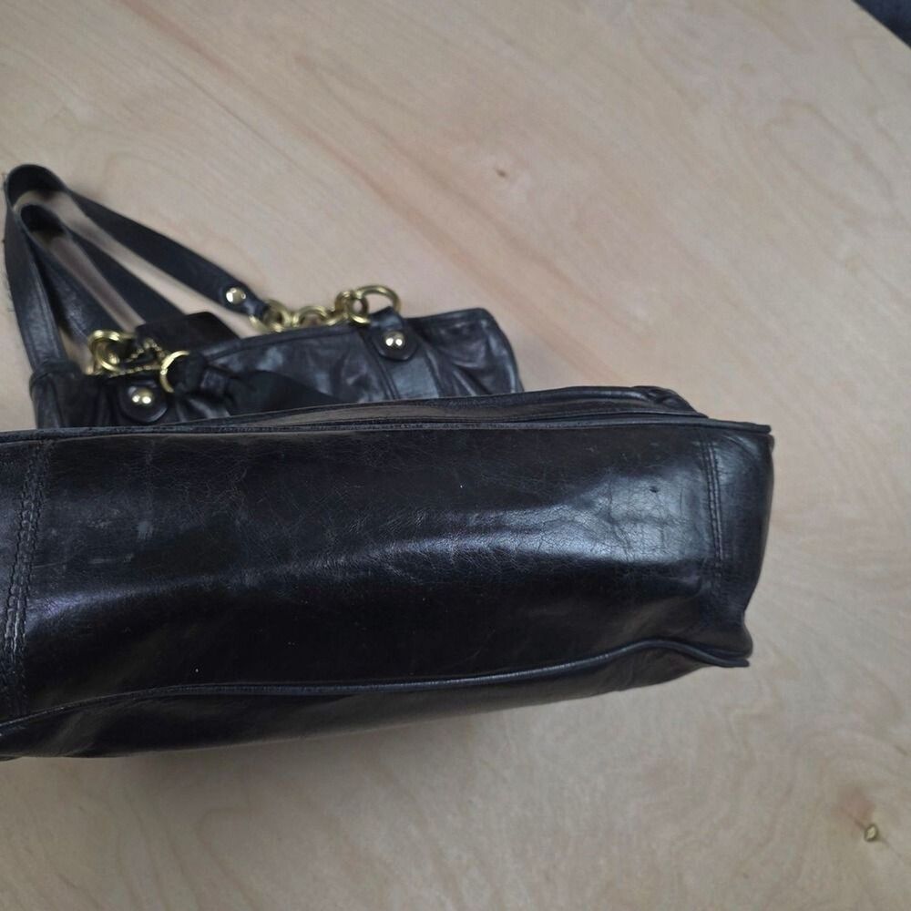 Coach Poppy Camellia Pushlock Leather Tote Glossy Black Leather #1 - Picture 8 of 14